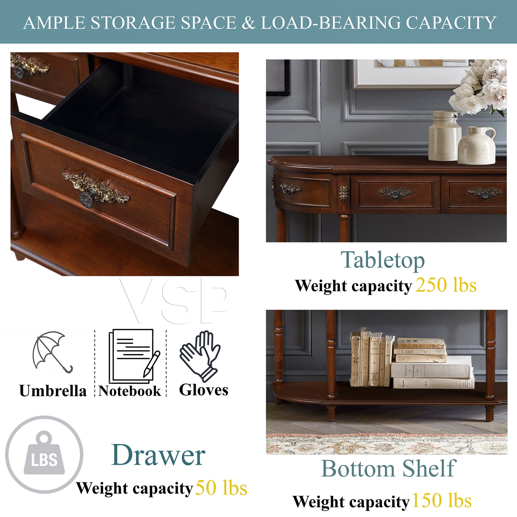 Noble House Luna 52" Mid-Century Fluted Console Table, MDF Top with Pine Wood Frame and 3 Storage Drawers, Cherry