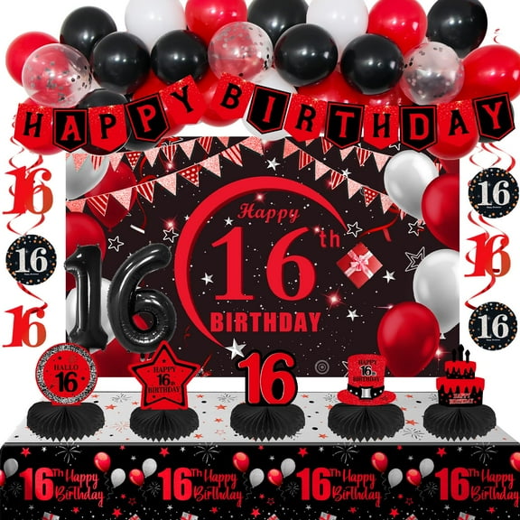 16th Birthday Decorations for Boys Girls Red Black, 16 Party Decorations with Happy 16th Birthday Banner Backdrop 16 Balloon Numbers Honeycomb Centerpieces Tablecloth 16 Years Old Party Supplies C113