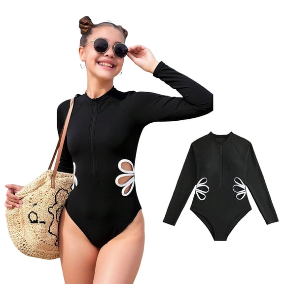 Girls Rash Guard Swimwear Long Sleeve Sun Protection Summer Swimwear Bathing Suit 7-8 Years
