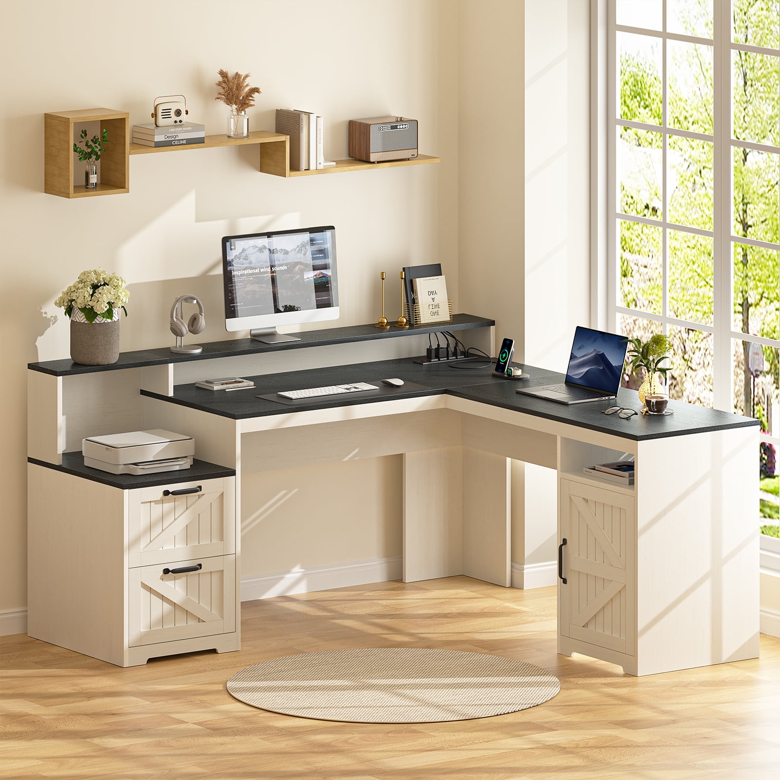 63" Farmhouse L Shaped Executive Desk with Drawers & Storage Shelf, Corner Computer Desk with Power Outlets, L Shaped Office Desk with Monitor Stand, Printer Shelf, Black and White