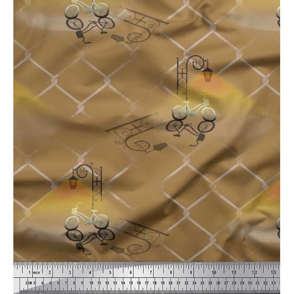 Soimoi Satin Silk Fabric Street Lamp,Bicycle & Iron Net Vintage Fabric Prints By Yard 42 Inch Wide