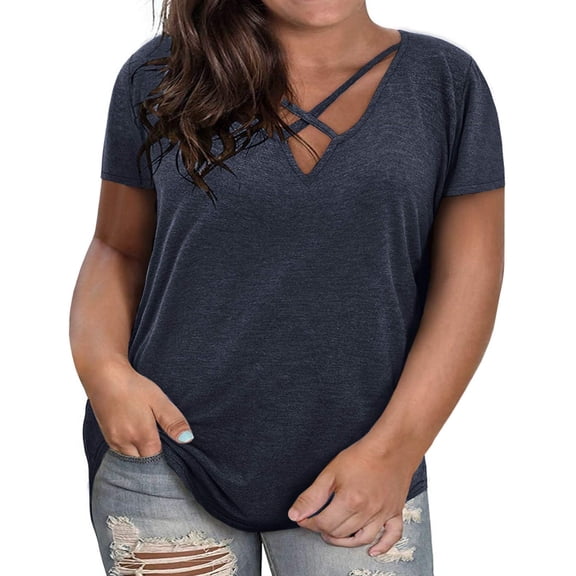 Short Sleeve Plus Size Solid Color V Neck Cross Shirt Tops