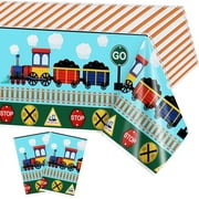 XD4-2 Pack Train Tablecloth Train Themed Party Table Covers, Train Disposable Plastic Tablecloths for Train Birthday Party Supplies Railroad Train Track Party Decorations*04