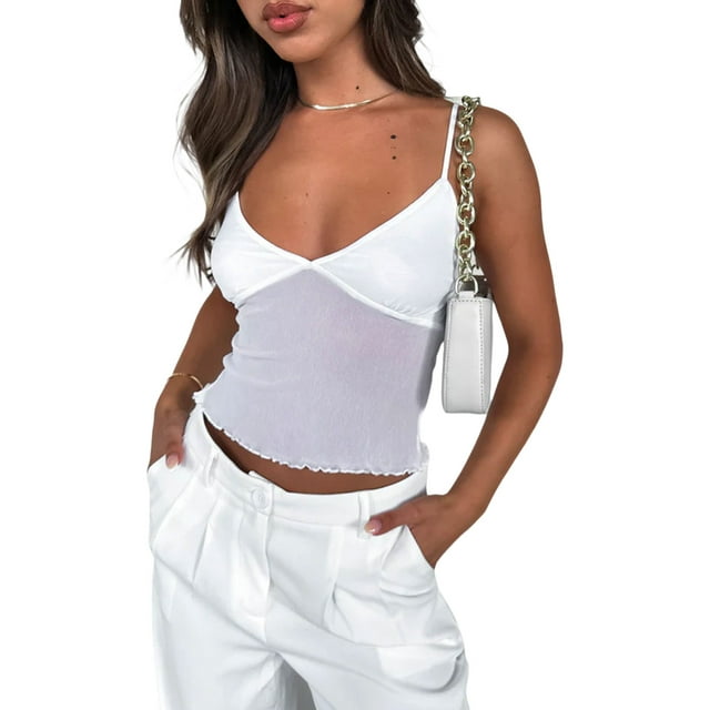 xiaxaixu Camisole Femme, Bretelles Spaghetti Col en V Tulle Patchwork Ajusté Tops d'Été pour Fête Boîte de Nuit
