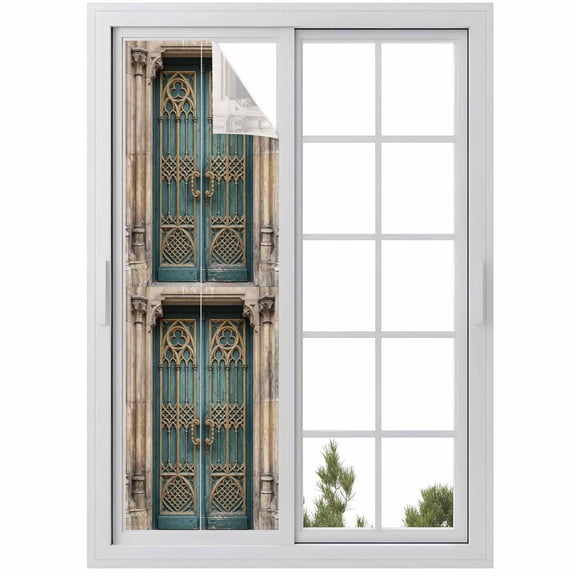 Turquoise Vintage Door Window Privacy Film, Countryside Barn Abstract Art Static Cling UV Sun Blocking Heat Control Window Tint Day and Night, Non-Adhesive One Way Windows Privacy Cover 17.7''x78.7''