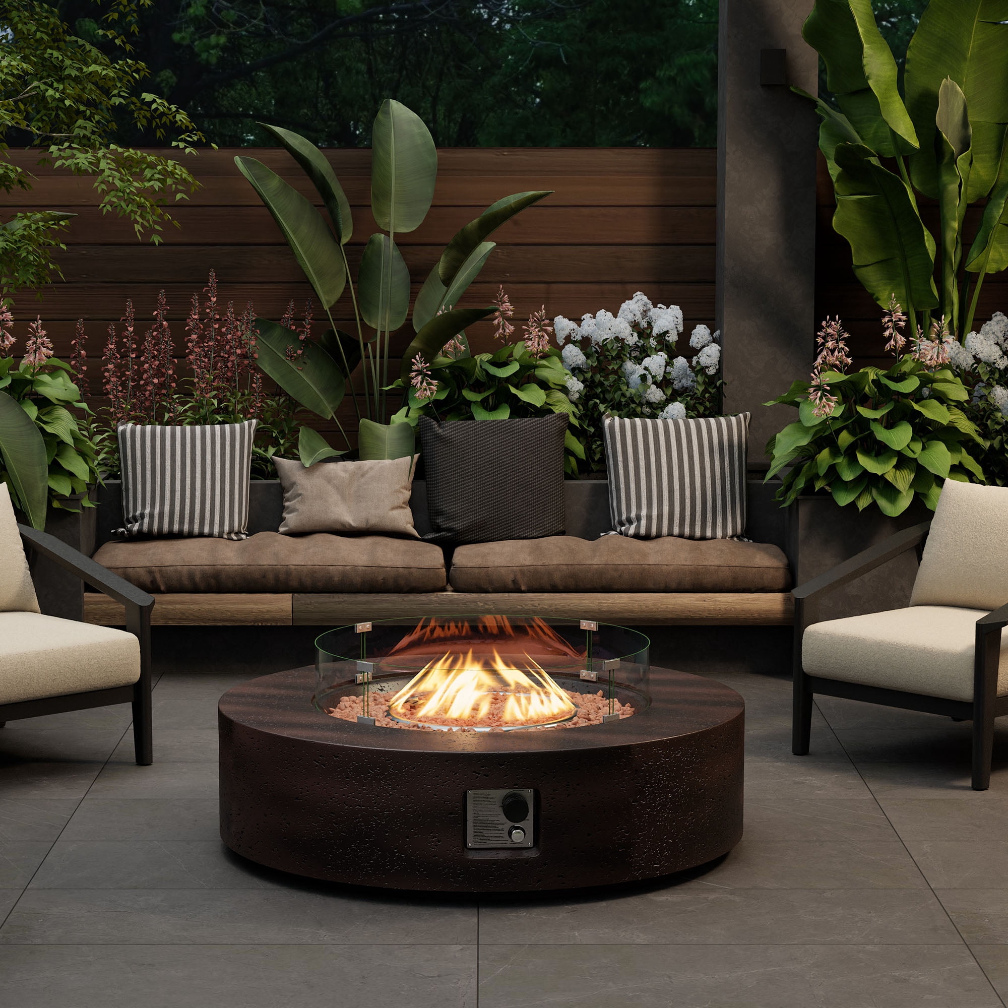 VENTOPYR 40.5-inch Outdoor Propane Fire Pit Coffee Table w Concrete Round Base Patio Heater, 50,000 BTU Stainless Steel Burner, Free Lava Rocks, Wind Guard, Rain Cover
