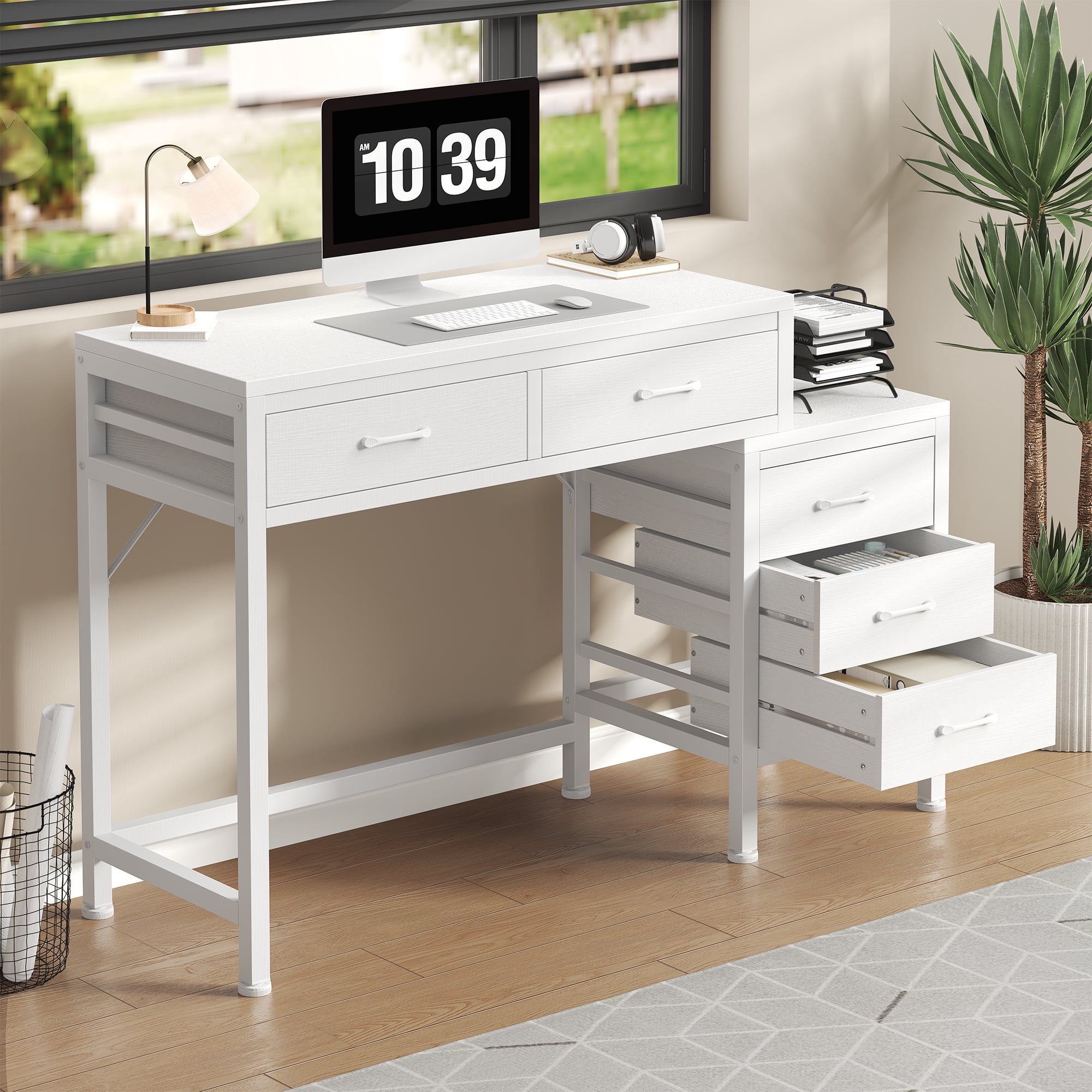 IULULU 51inch Computer Desk with 5 Drawers, Woodtop Desk of Small Spaces, Modern Style for Home Office, White