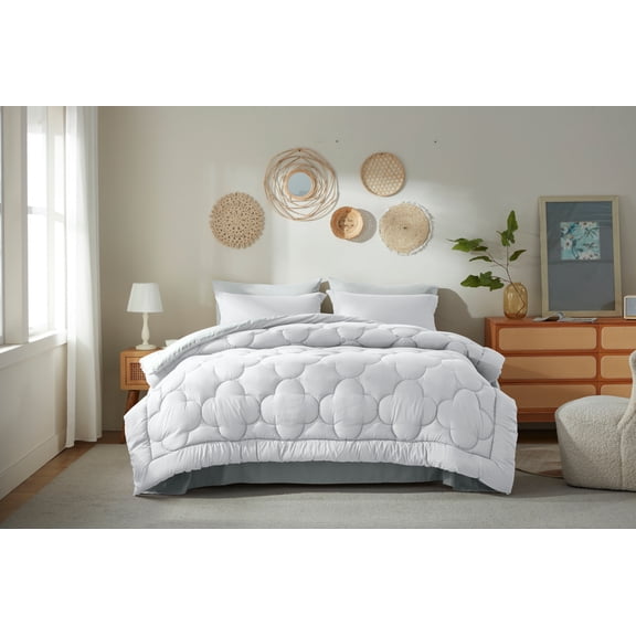 Bedtreat Queen Comforter Sets，7-Pieces Reversible Bedding Sets，Bed in a Bag with Comforter, Flat Sheet and Fitted Sheet without Pocket, Pillowcases & Shams，White/Light Gray