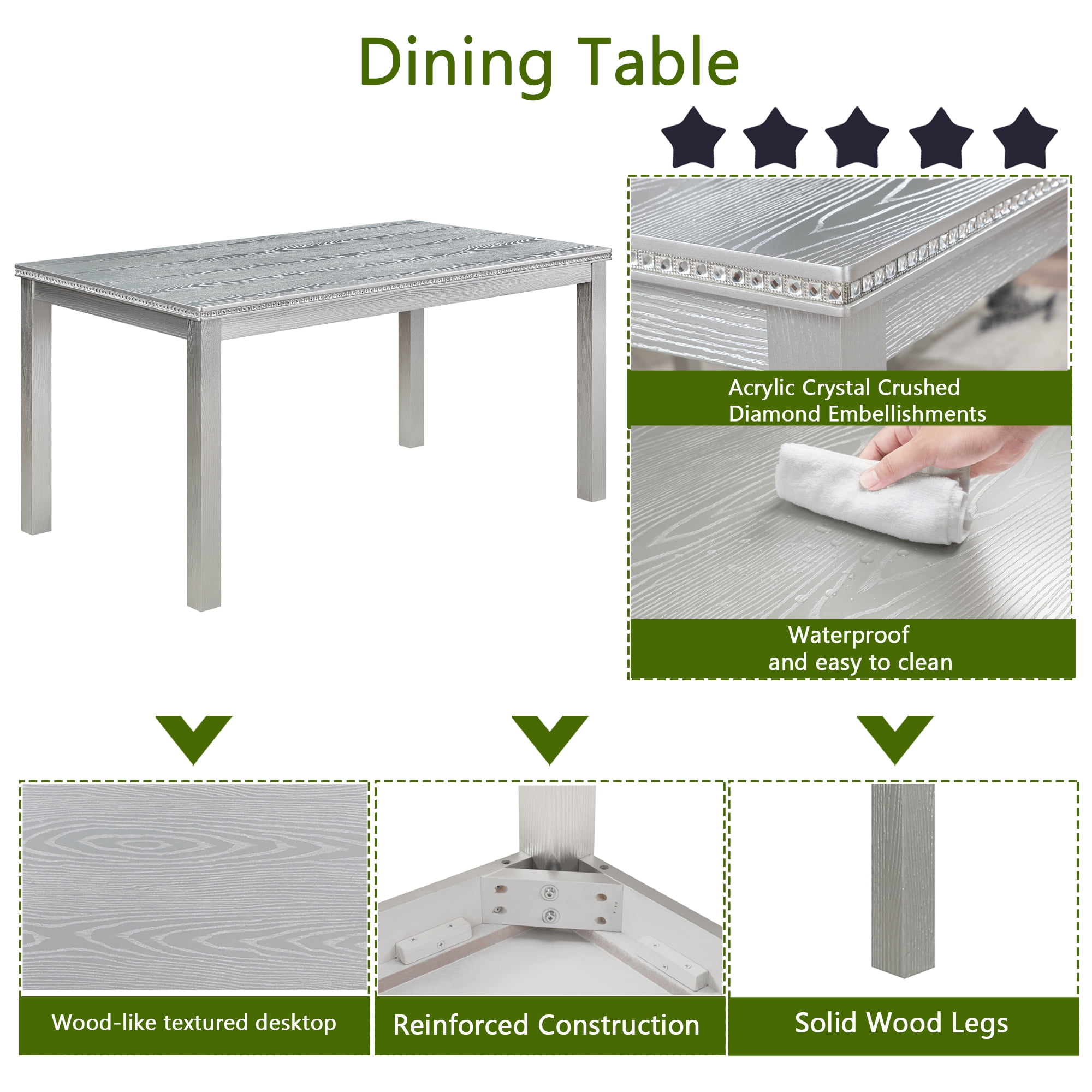 BSHTI 58.5" Modern Wood 6-Piece Dining Table Set with Upholstered Chairs, Bench, Strong and Durable for Kitchen/Dining Room（Silver Grey）