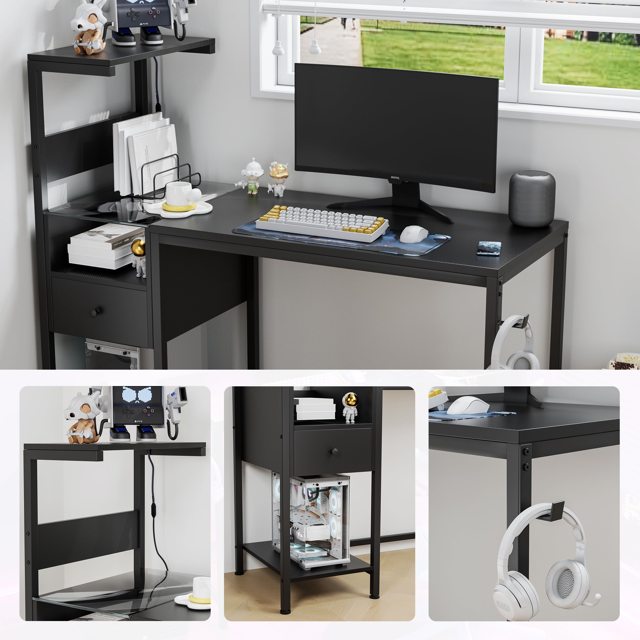48”Computer Desk with Storage Drawers,Wood Home Office Desks with USB Ports Charging Station,Study Writing Table with Reversible Shelves for Study Bedroom Apartment (Black)