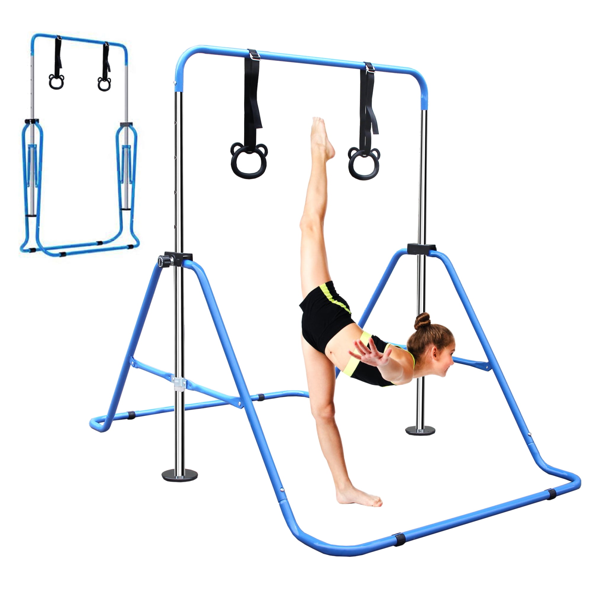 Leumius Gymnastics Bar for Kids,35"-51" Adjustable Height Steel Gymnastic Horizontal Bars with Bear Rings,Gymnastics Equipment for Indoor/Outdoor Training,Blue