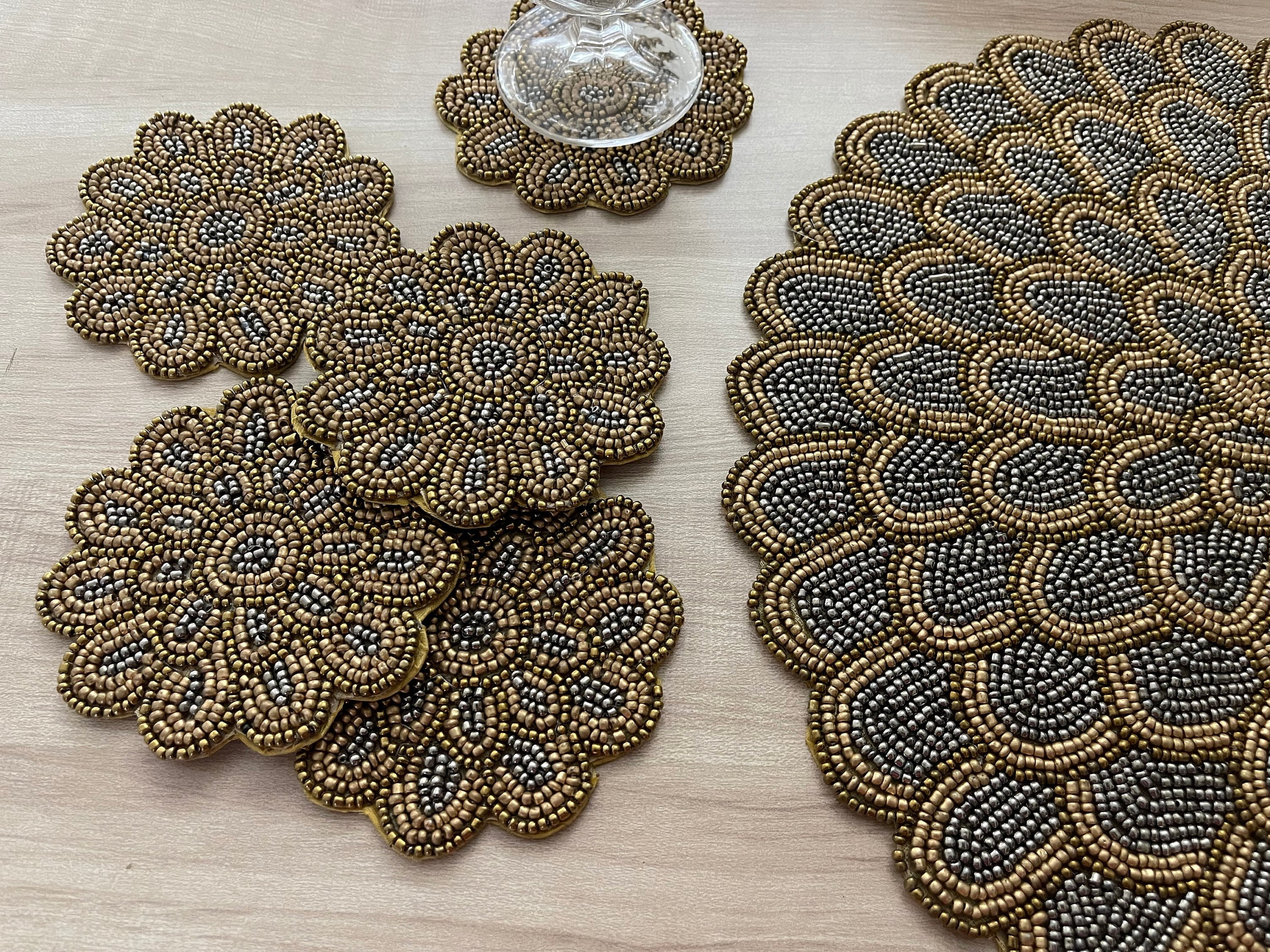 Set of 2, Handmade beaded placemat, gold and grey silver bead charger, tablemat, coasters