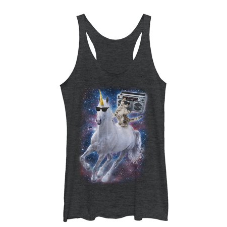 Women s Lost Gods Boombox Cat and Unicorn Space Song Racerback Tank Top Black Heather X Large