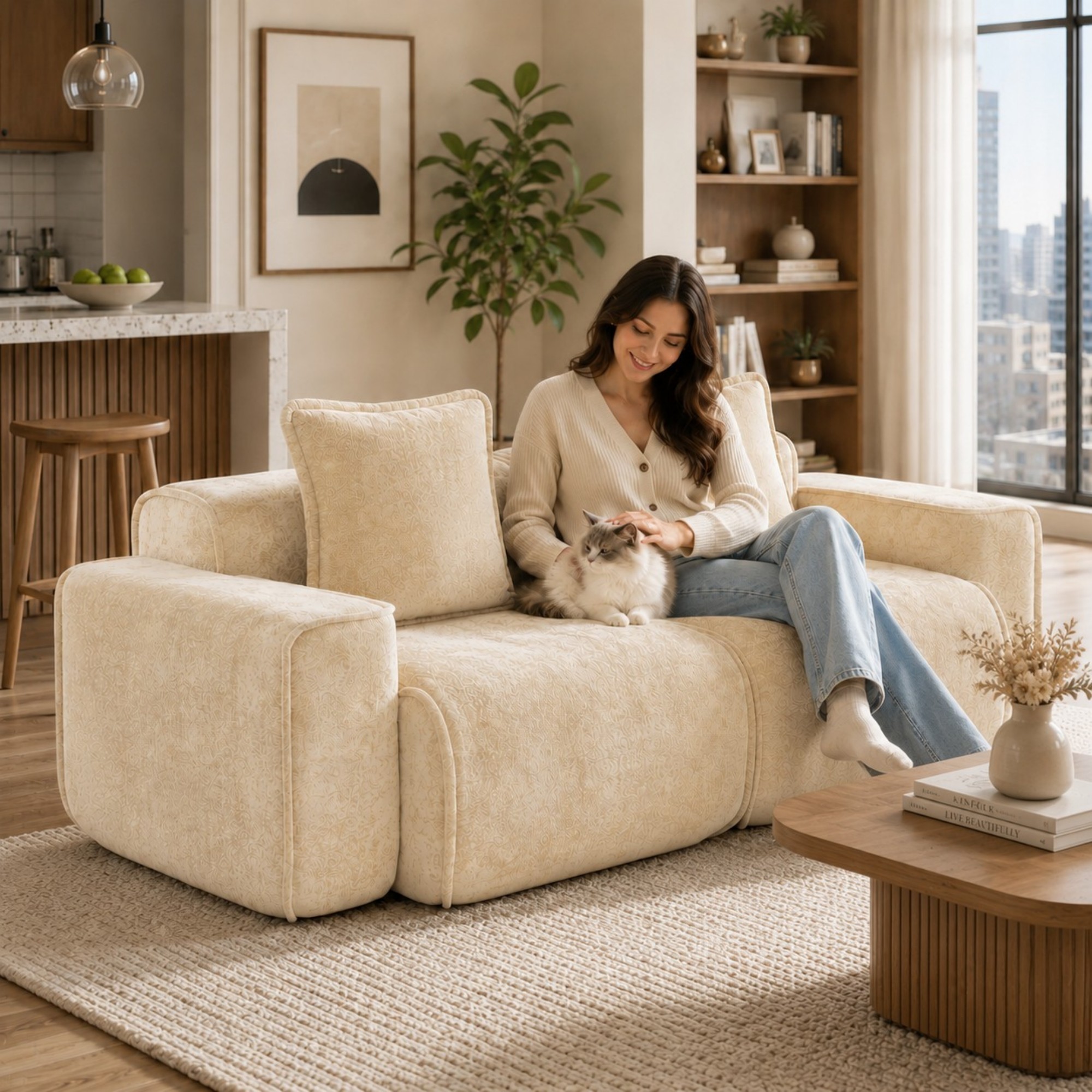DEALTOPS 79" Modern Velvet Cloud Couch, 2-Seater Modular Loveseat with 2 Pillows, Beige