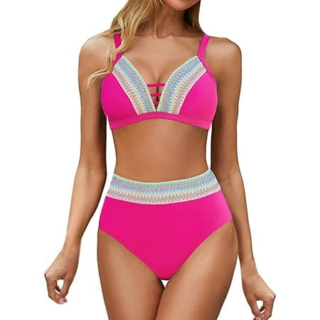 Womens 2 Piece Swimsuits High Waist Bikini Set V Neck String Gathering Backless Hot Pink Women S Swimwear S