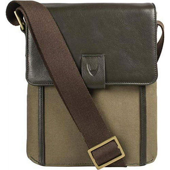 Hidesign Aiden Genuine Leather and Canvas Mini Crossbody Unisex Messenger Bag & Travel Bag / 10.5" iPad Bag - size (8"L x 10"H x 2.4"W)