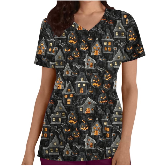 Hauts Funicet pour Femmes,Shorts pour Femmes,Haut de Travail à Col en V pour Femmes Imprimé d'Halloween à Manches Courtes avec Poche,Hauts à Manches 3/4 pour Femmes,Hauts d'Halloween pour Femmes