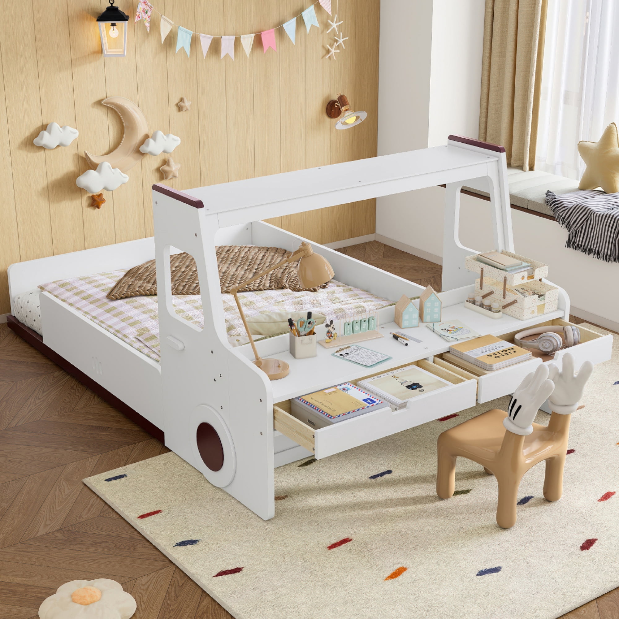 Full Size Car-Shaped Floor Bed - with Storage Drawers, Window & Desk for Bedroom,Light White