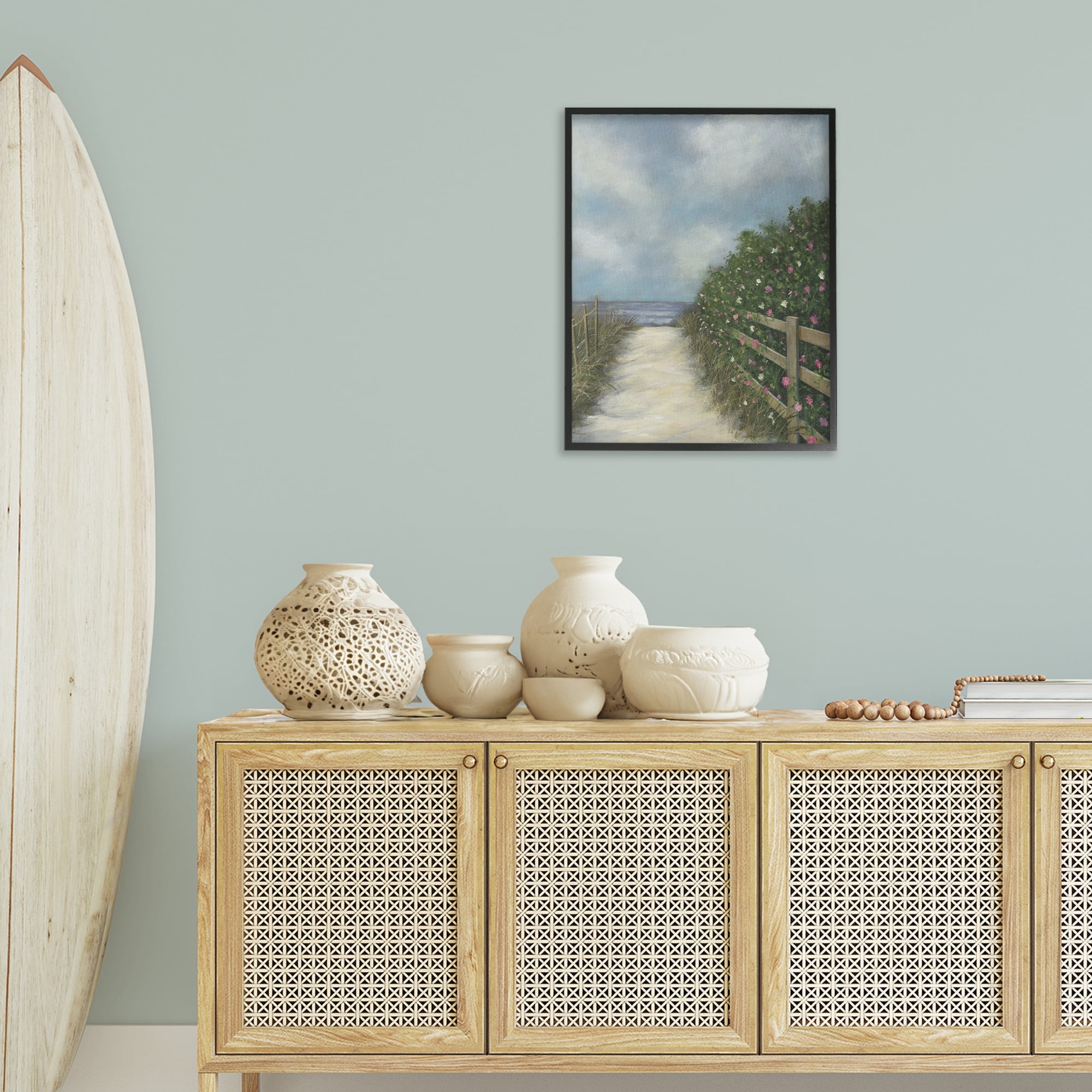 Stupell Industries Floral Lined Beach Path Landscape Painting Black Framed Art Print Wall Art, 24 x 30
