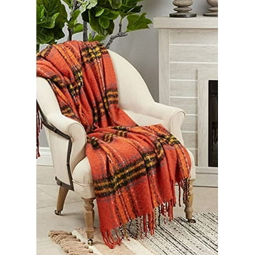 Fennco Styles Fall Plaid Modern Tassel Throw Blanket 50" W x 60" L - Orange Blanket for Bed, Couch, Sofa, Home Décor, Ideas