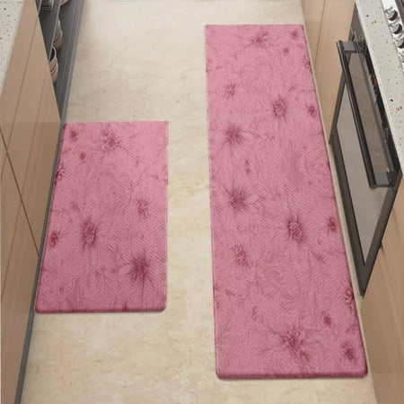 

Anti Fatigue Kitchen Mat Embossed Pink Floral Sets of 2 Kitchen Rugs Non Slip Cushioned Standing Mat for Sink Floor Laundry Office Desk Mid 17.3 x 29 + Plus 17.3 x 47.2