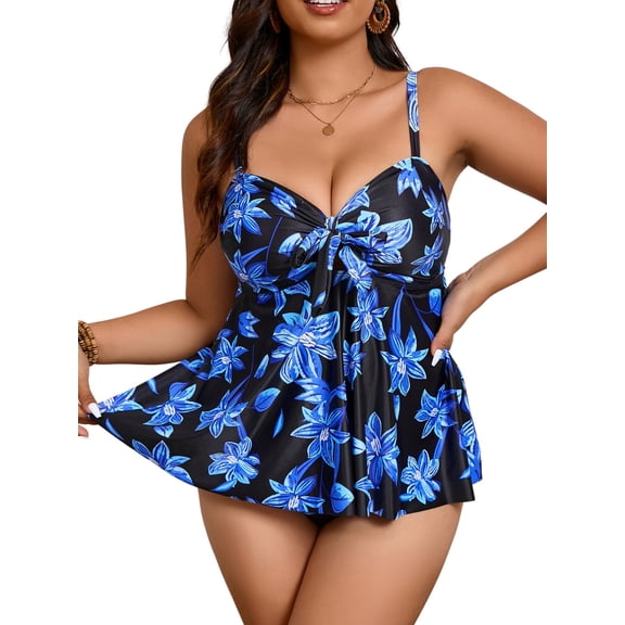 BERANMEY Plus Size Floral Print Tankini Swimsuits for Women Tummy Control Two Piece Swimsuits Deep V Neck Halter Bathing Suit with Swim Dress & Boyshort Size XL-5XL