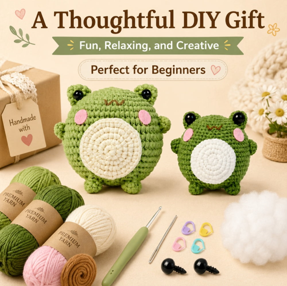 2 Pack Frog Crochet Kit for Beginners, Frog Amigurumi Starter Set with Step by Step Video Tutorials, TIKA