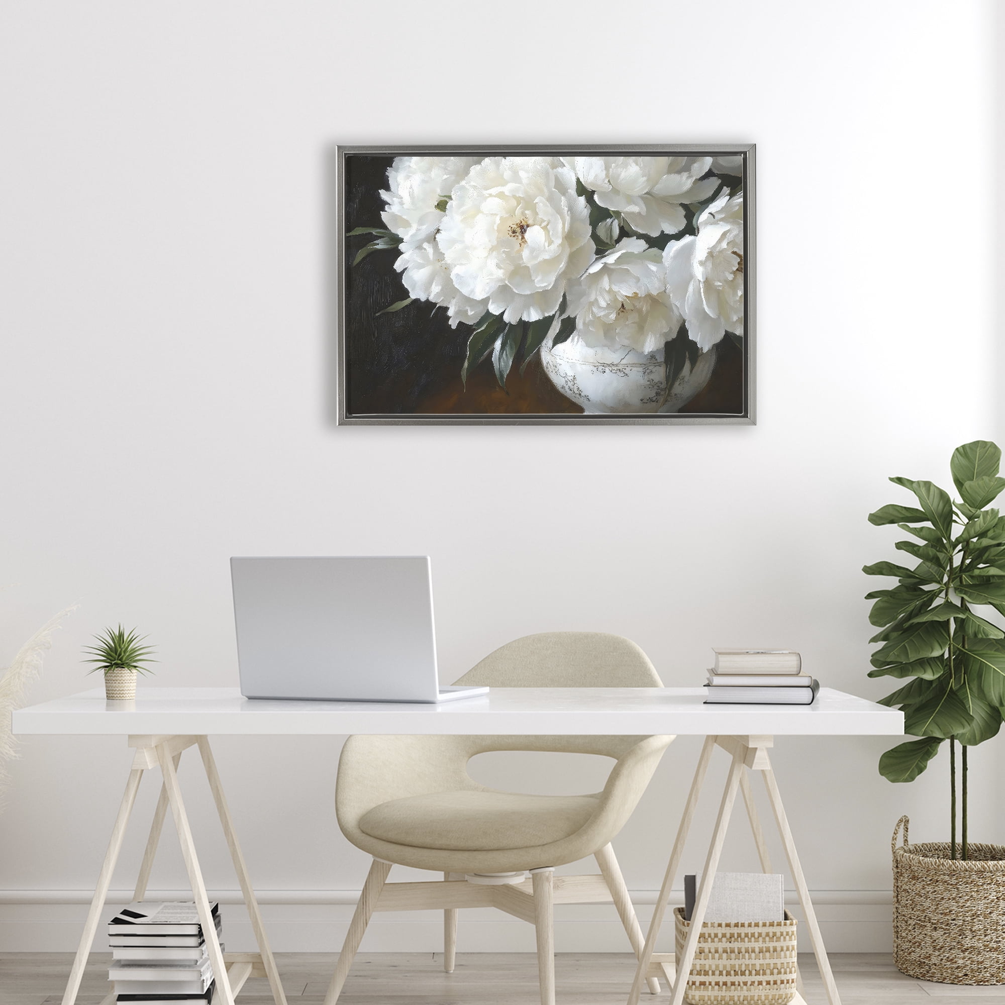 Stupell Industries White Flowers in Vintage Vase Gray Framed Floater Canvas Wall Art, design by Petal Prints Design