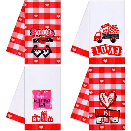 

SPXUBZ Valentine s Day Kitchen Towel Red and White Plaid Love Truck Gift Glasses Red Lips Happy Valentine s Day Suitable for Home Kitchen Valentine s Day Couple Love Wedding Gift Towel Set of 4