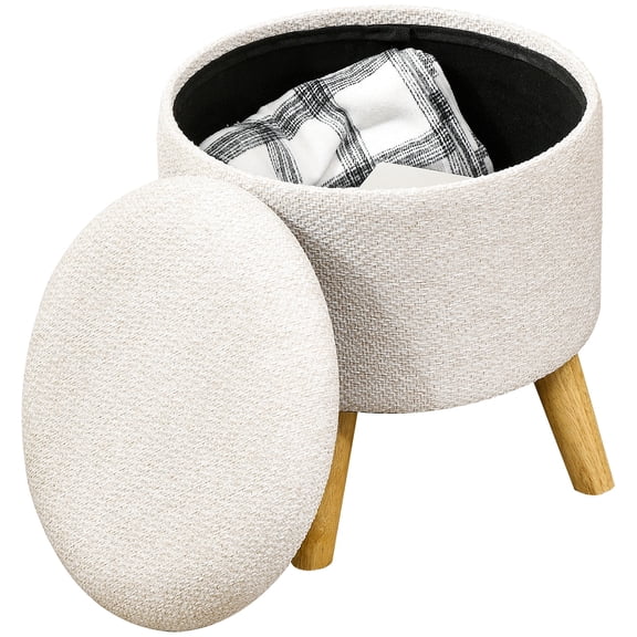 Cream White Round Ottoman with Oak Legs / Ideal for Footrest and Item Storage