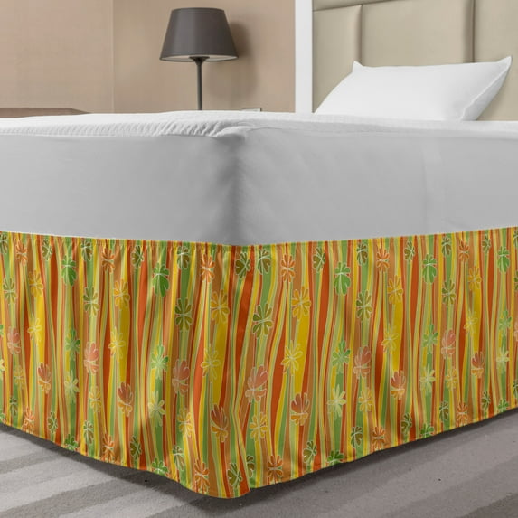 Floral Bed Skirt, Colorful Skew Vertical Waves Pattern Accompanied with Clover Inspired Ombre Leaves, Elastic Bedskirt Dust Ruffle Wrap Around for Bedding Decor, 4 Sizes, Multicolor, by Ambesonne