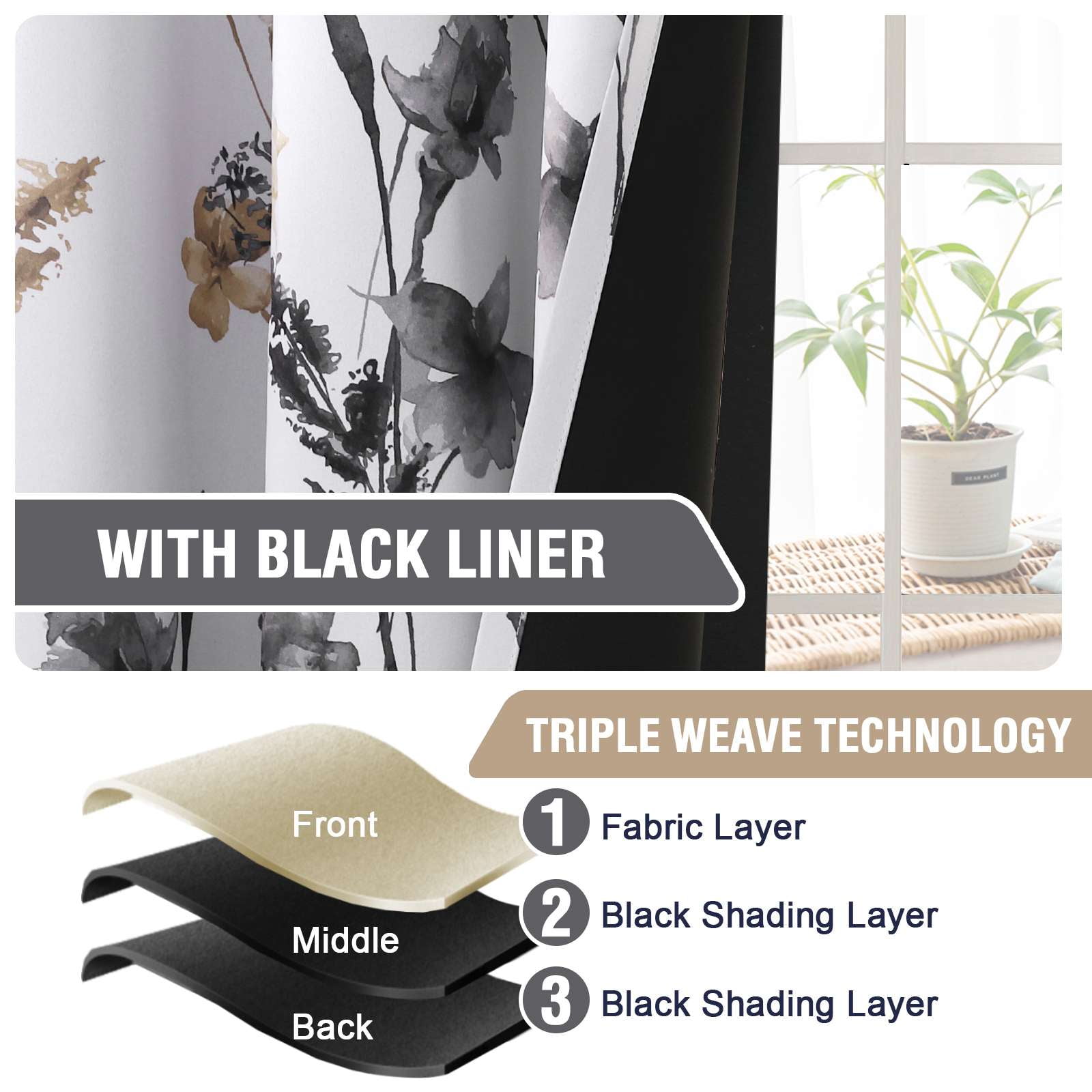 H.VERSAILTEX 100% Blackout Curtains Cattleya Floral Printed Drapes Leah Floral Thermal Bedroom Curtains for Living Room with Black Liner 2 Panels,52" x 63",Grey/Taupe