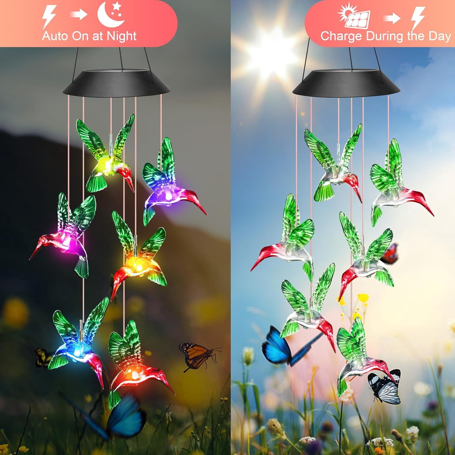 Tikeitoo Birthday Gifts for Women Mom Grandma, Solar Hummingbird Wind Chimes for Outside Garden, Solar Lights Outdoor Waterproof Mobile Decoration for Patio Yard