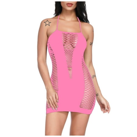 Odeerbi See Through Lingerie for Women 2025 Sexy Fishnet Seamless Mesh Netting Chemise Hollow Out Perspective Babydoll Dress Sleepwear Nightwear Nightdress Pink