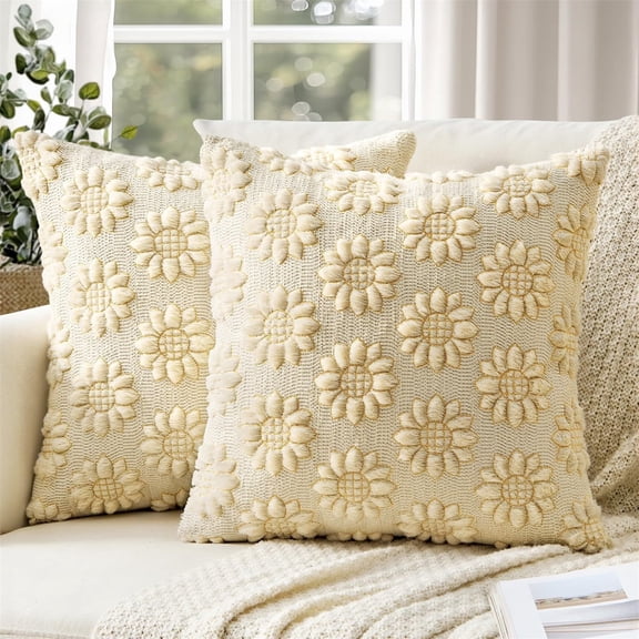 Throw Pillow Covers, Sunflower Sunflower Plush Embroidery Decorative Pillow Covers With 1Pc Pack For Couch Sofa Bed Indoor Spring Summer Home Decoration Beige