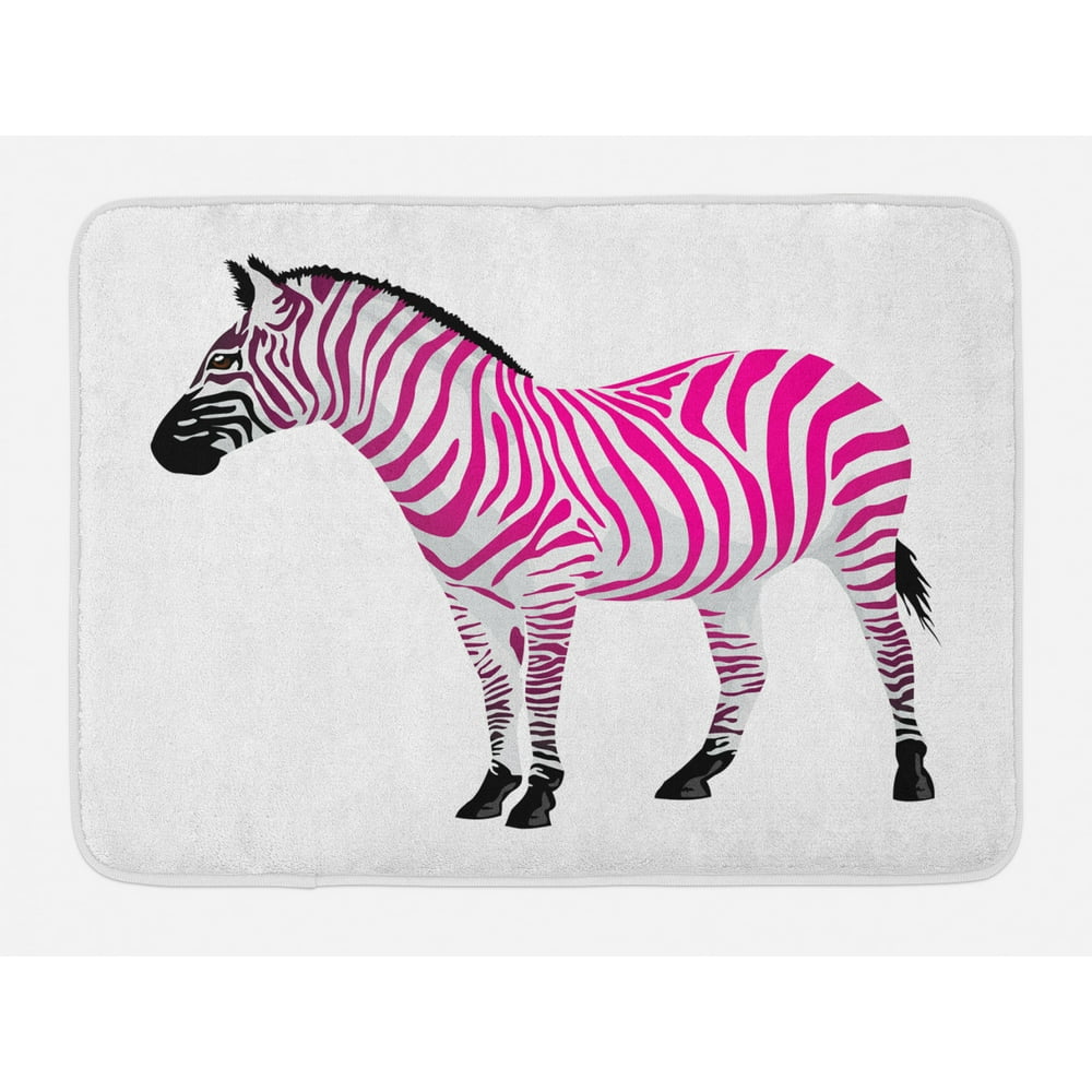 Pink Zebra Bath Mat, Zebra Figure in Pink Stripes Savannah Animal Wilderness Symbol Safari Print