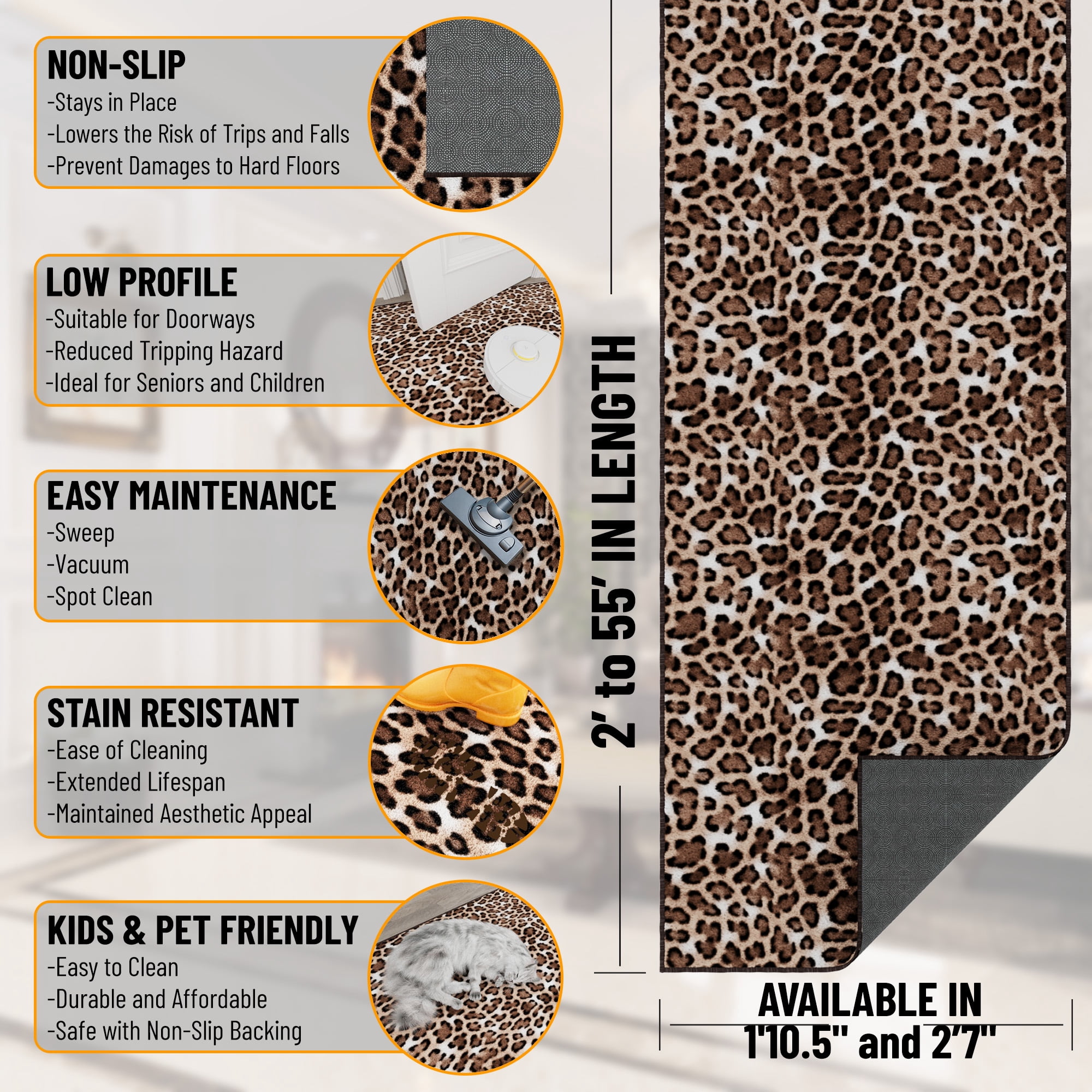 Ottomanson Aisle Runner Rug 2'7" x 29' Soft Non-Slip Indoor Rug, Leopard Print Brown