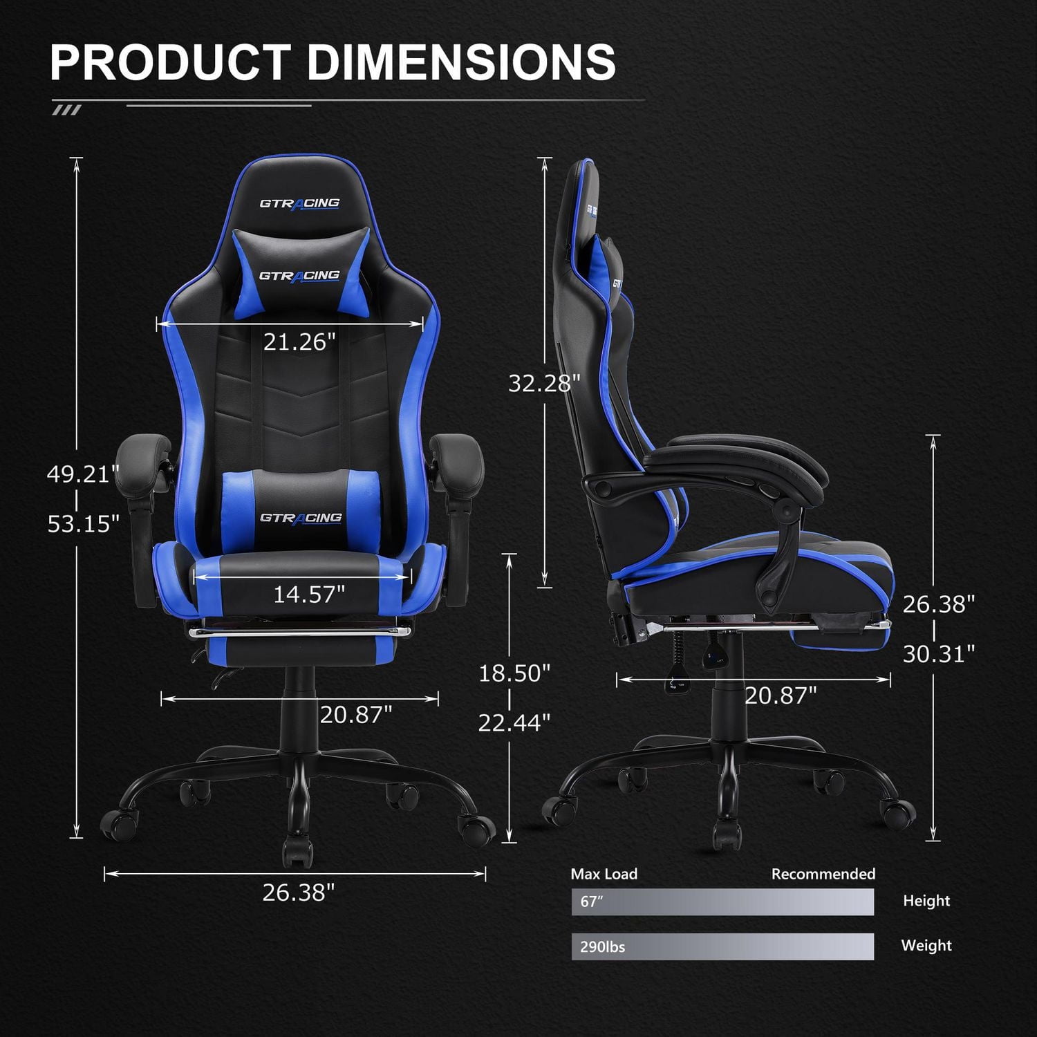 GTRACING GTWD-200 Ergonomic Gaming Chair with Adjustable Pillows and Footrest, Gaming chair with retractable footrest