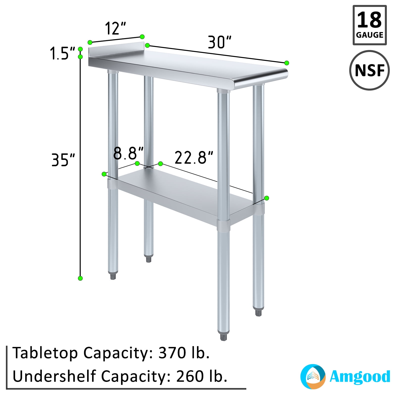 AmGood 30 in. x 12 in. Stainless Steel Work Table, Narrow Filler Table with 1.5 in. Backsplash for Commercial Kitchens