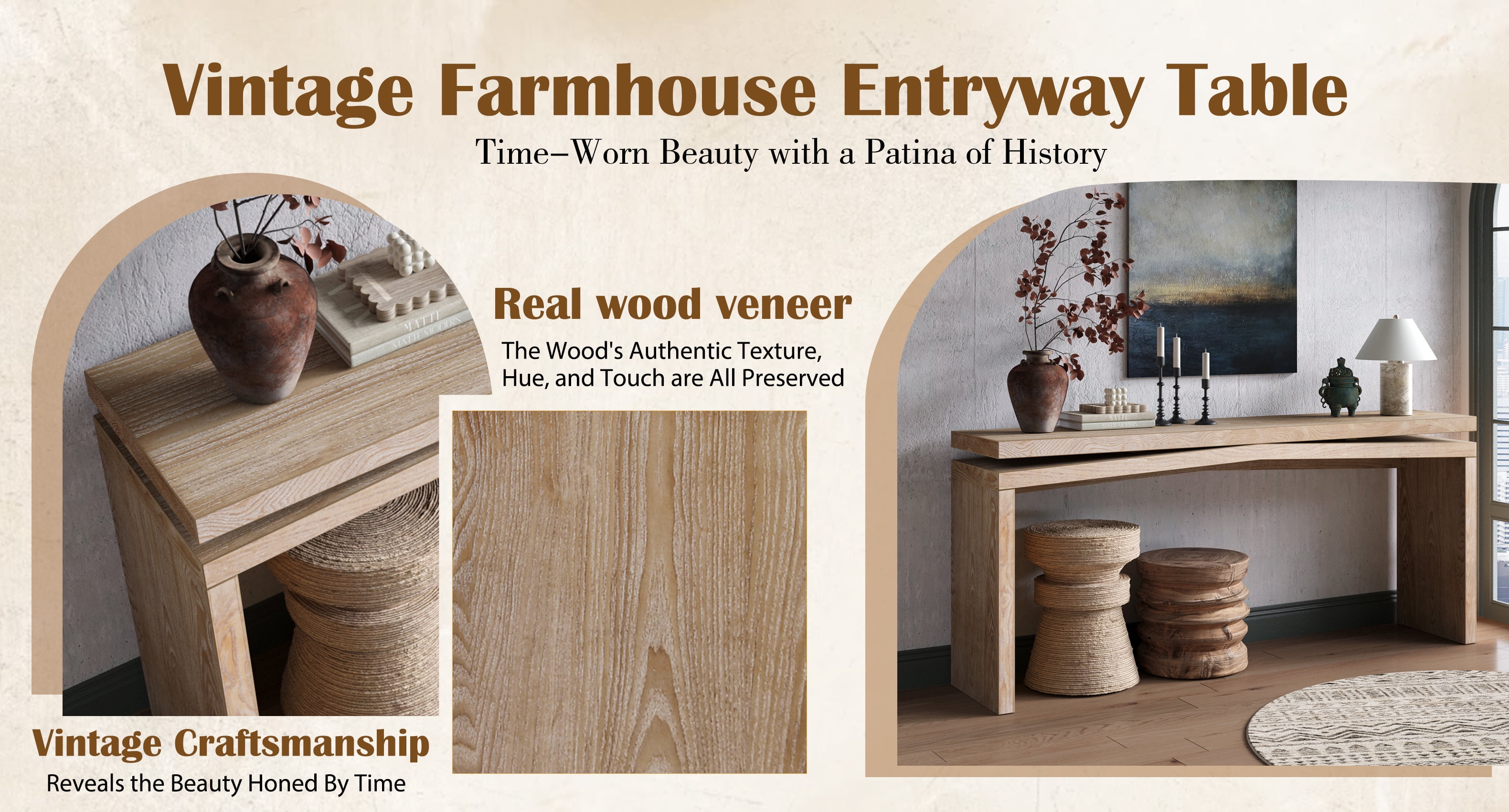 Garitin Console Table and Rustic Entryway Sofa Table 64.96 Inch, Farmhouse Hallway Accent Table with Sled Base for Living Room, Antique Natural