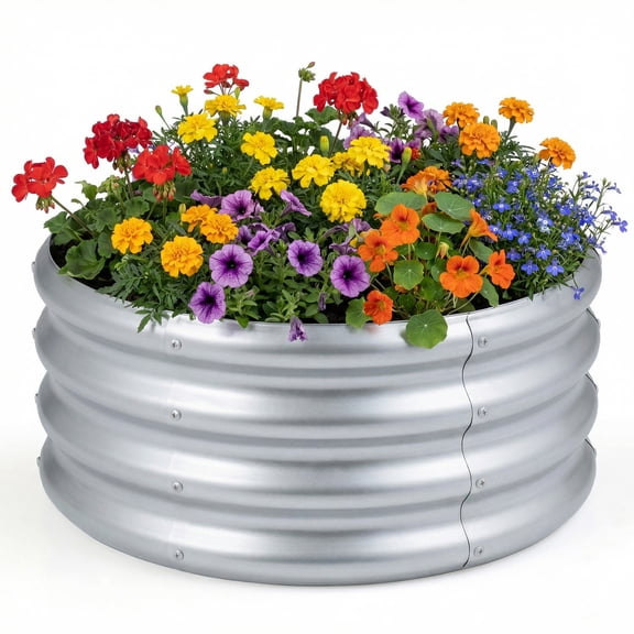 Costway 1 PCS 24” x 24” x 11.5” Galvanized Raised Garden Bed, Round Outdoor Planter Box with Open-Ended Base Sliver