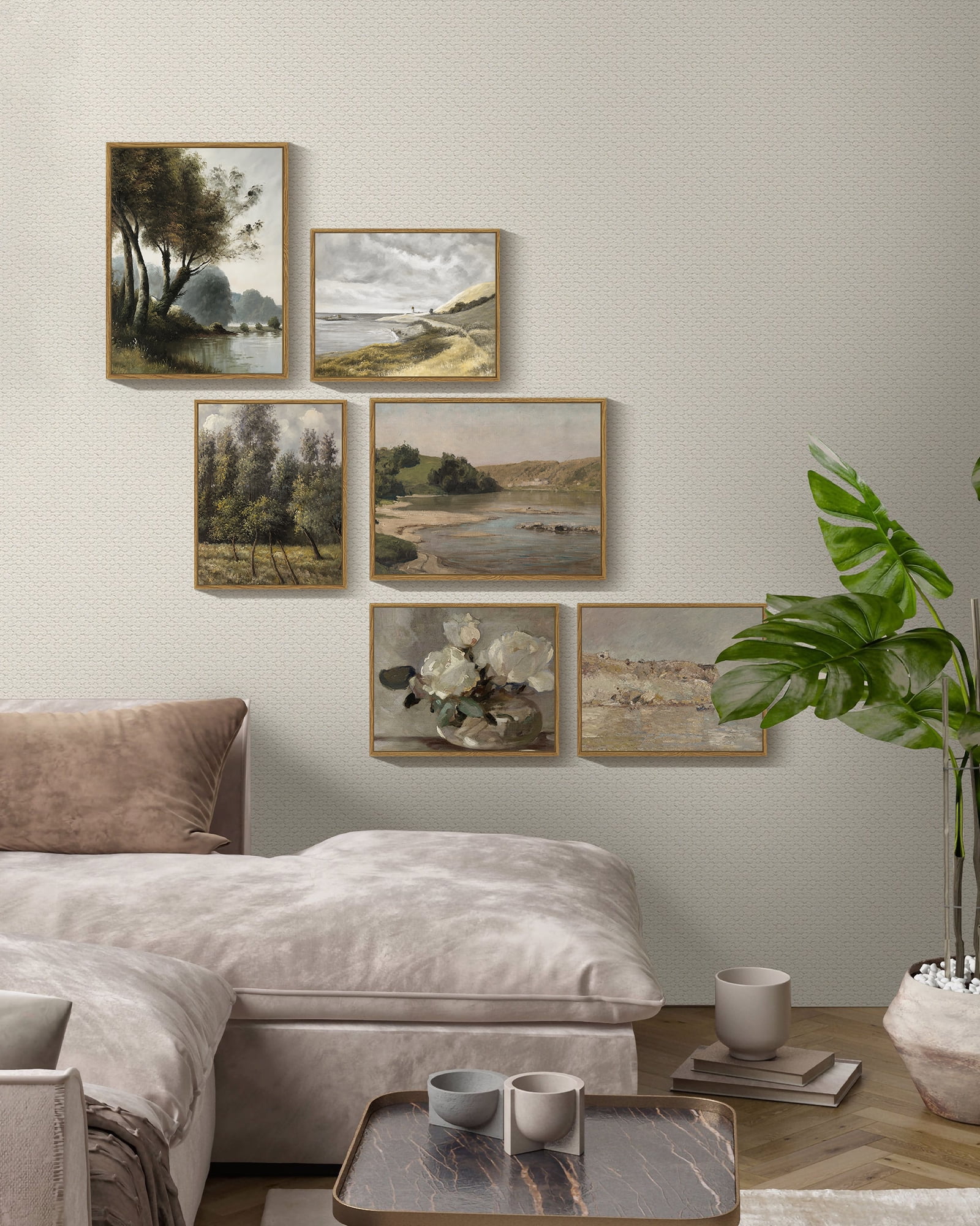 Drsoum Vintage 8x10in4pcs+11x14in2pcs Brown Framed Landscape Canvas Wall Art Classic Painting Modern Farmhouse Decor