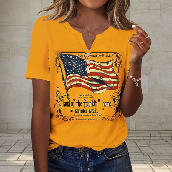 Mifsaly Independence Day Tops for Women 4Th Of July Cotton T-Shirt Henley V Neck Button Closure Short Sleeve Shirt Patriotic Stars and Stripes Print Loose Fit Flowy Top M
