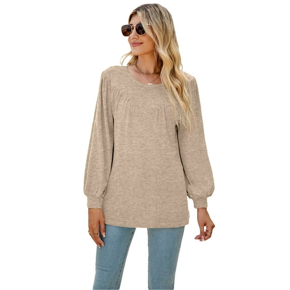 Seyurigaoka Women's Oversized Casual Tunic Tops Round Neck Long Lantern Sleeve Solid Color Ruched Sweater Shirts