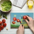 thumbnail image 3 of Cartoon Cutting Board, Yellow Bus Full of Passengers and Luggage Driving in Meadows Warm Spring Day, Decorative Tempered Glass Cutting and Serving Board, Small Size, Multicolor, by Ambesonne, 3 of 5