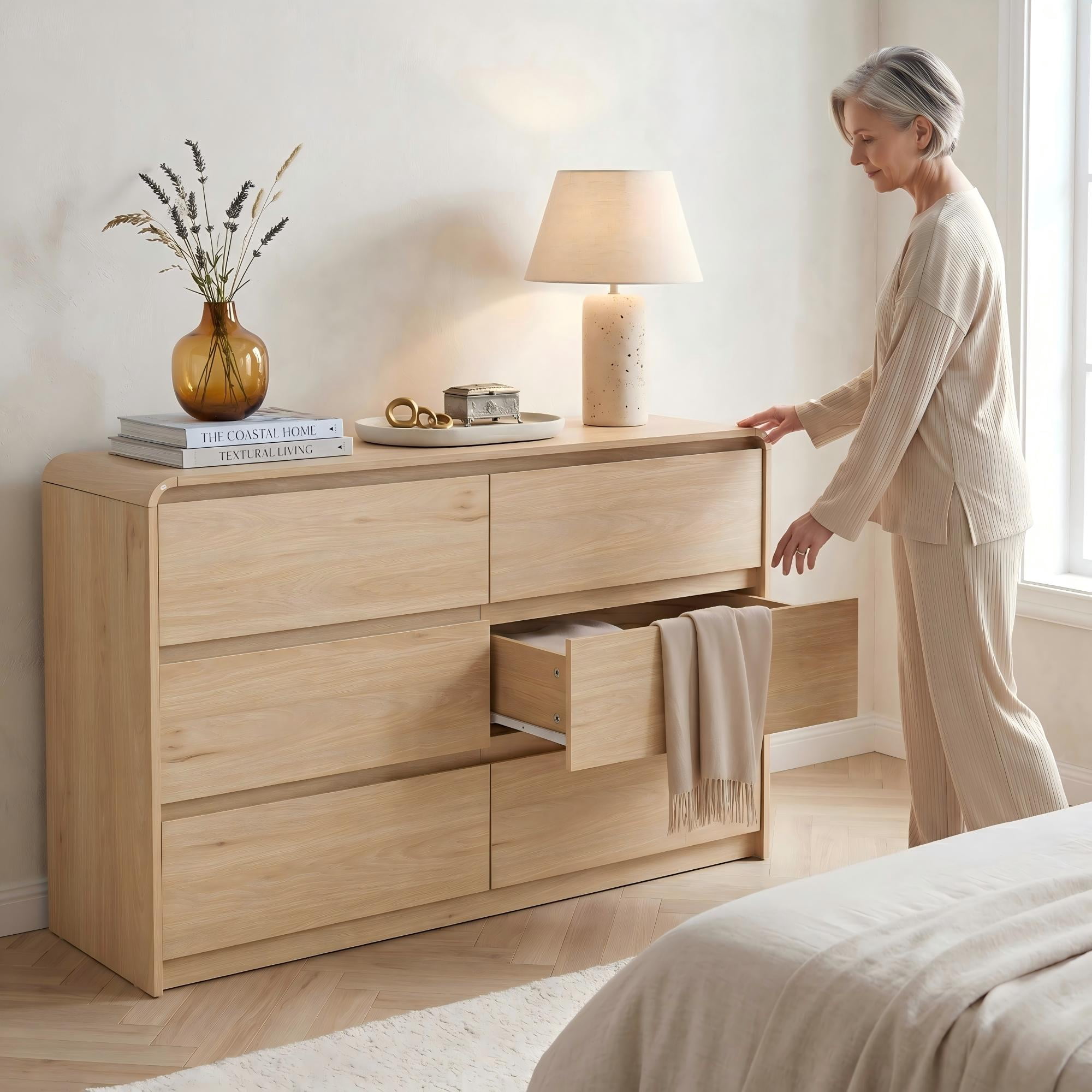 JULY'S SONG Modern 6 Drawer Dresser with Curved Edges Design, 47" Wide Wood Dresser for Bedroom, Chest of Drawers w/Natural Texture for Living Room, Light Brown