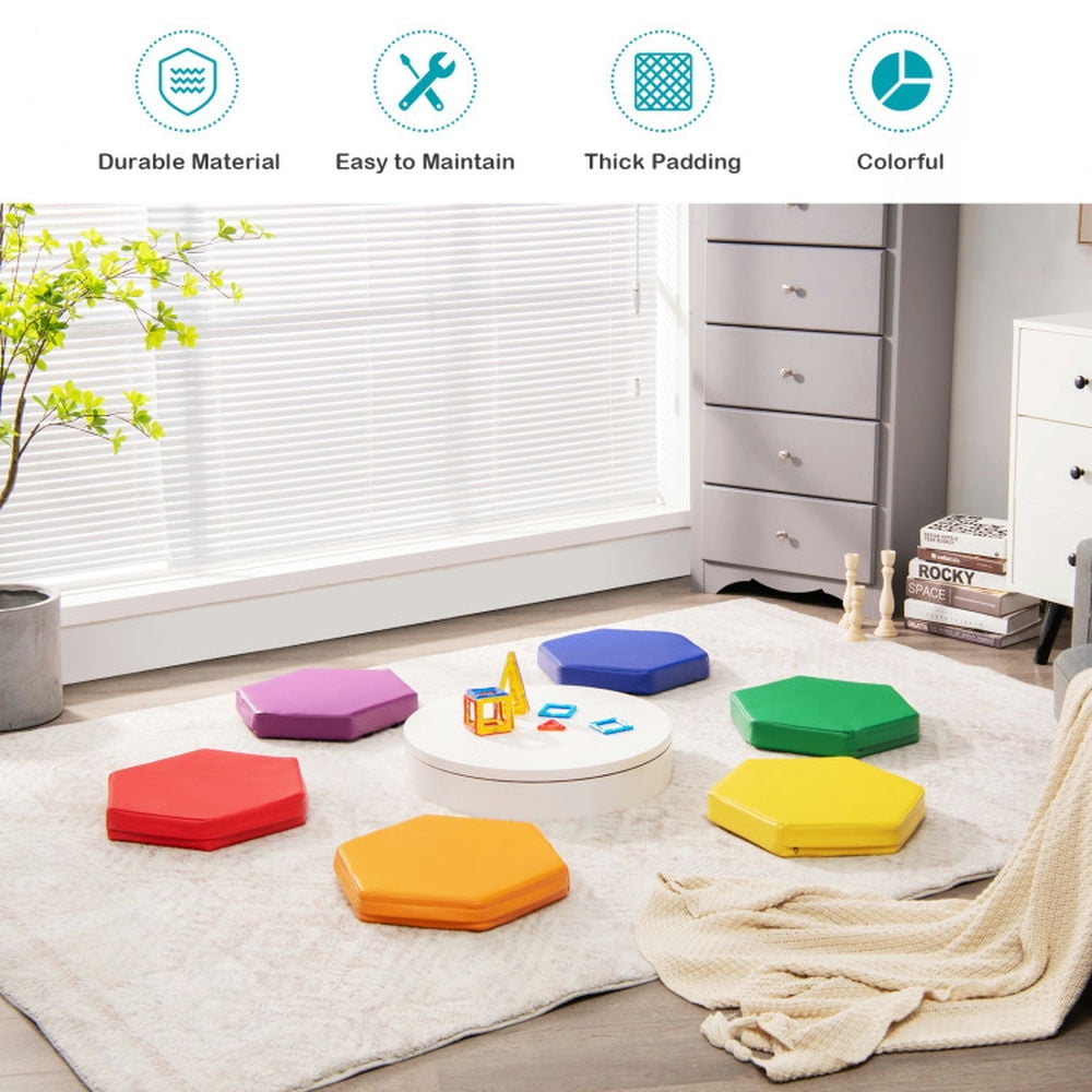 Spaco 6 Pieces Multifunctional Hexagon Toddler Floor Cushions Classroom Seating with Handles-Multicolor, Kids Couch for Kids