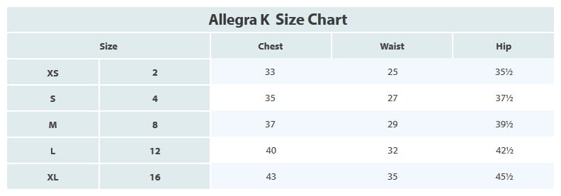 Allegra K Clothing Size Chart