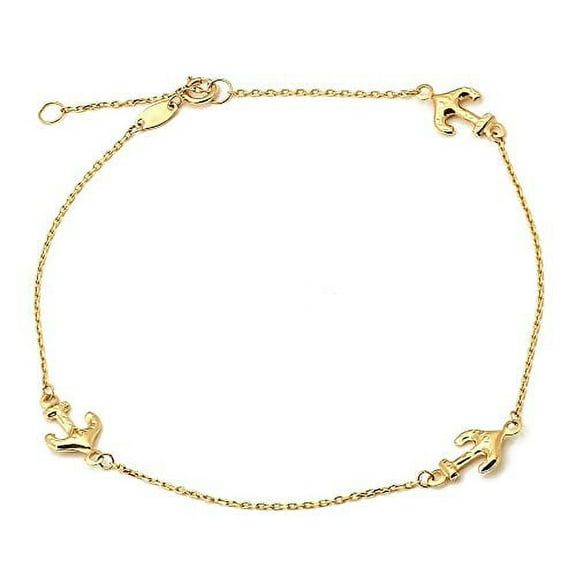LoveBling 10K Yellow Gold .50mm Diamond Cut Rolo Chain with 3 Anchor pendants Anklet Adjustable 9" to 10" (#25)