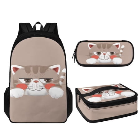 KUIFORTI Cute Cat Shoulder Bag Handbag Pencil Container Bag Backpack Lunch Pouch Zipper Closure, Set of 3